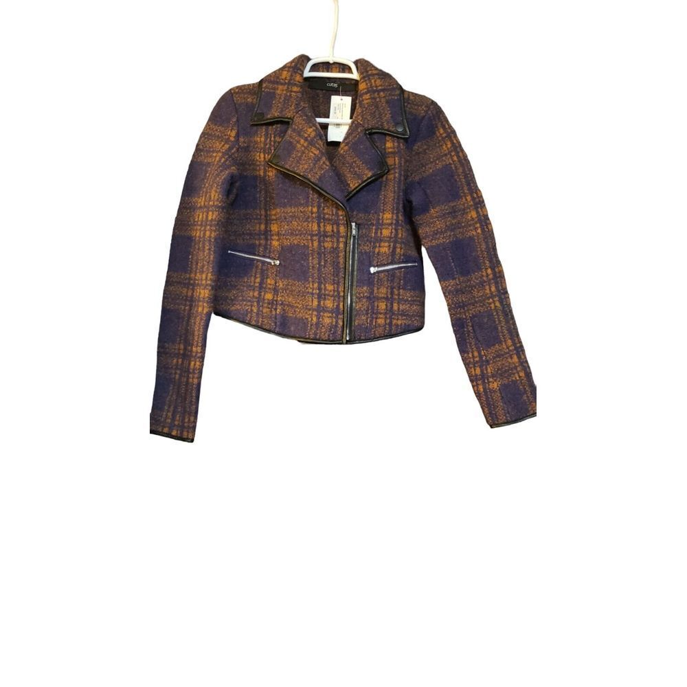 NWT Cut 25 Byzantium Plaid Crop Wool Leather Trim Jacket Zip Pocket S Orig. $550